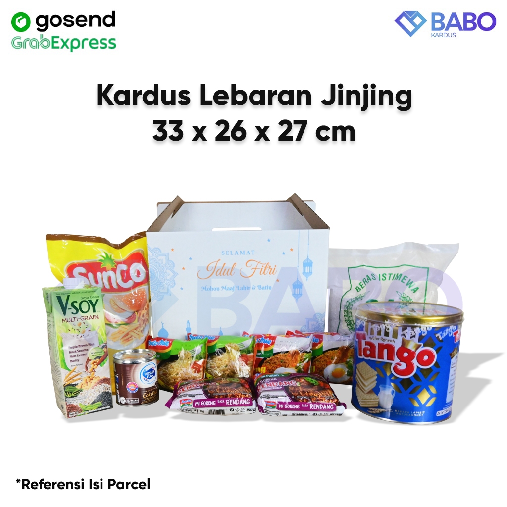 

Kardus Parcel Jinjing/Tenteng/Gable 33x26x27 cm Dus/Box/Parcel/Lebarann Idul Fitri/Sembako/Hampers (Jinjing Putih Biru Gold)