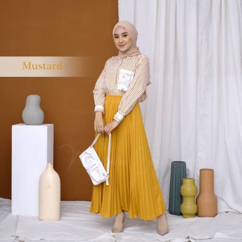 Warna Kuning Mustard Kunyit Rok Wanita Plisket Premium Import