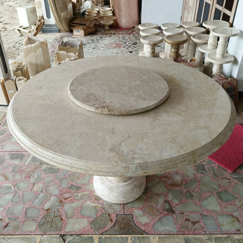 Meja Makan Bulat + Putar Marmer Putih Diameter 130Cm