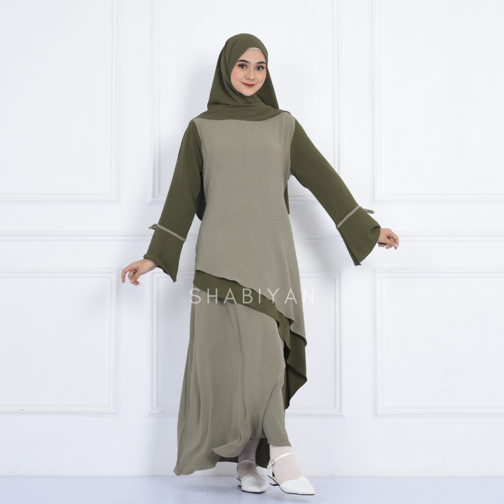 SHABIYAN Gamis Muslim Wanita Polos Kombinasi Crinkle CEY | Viola 534-Light Green