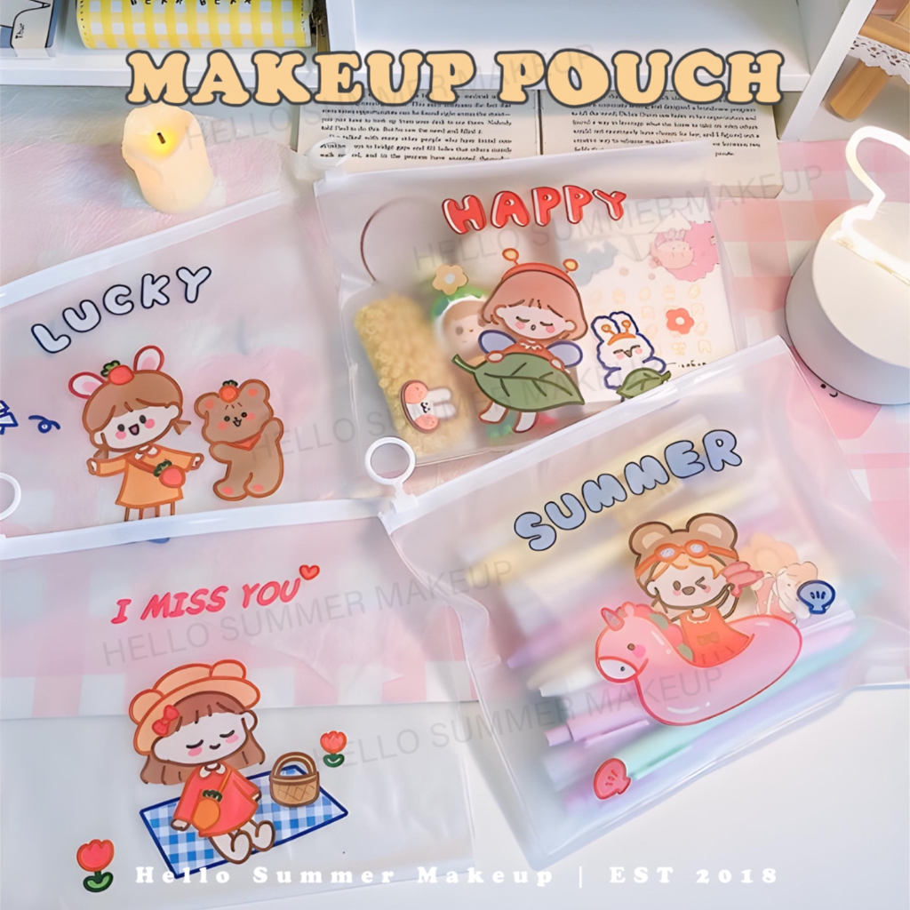 HAPPY POUCH Cosmetic Make Up Tas Kosmetik Transparan Motif COD HELLO SUMMER MAKEUP