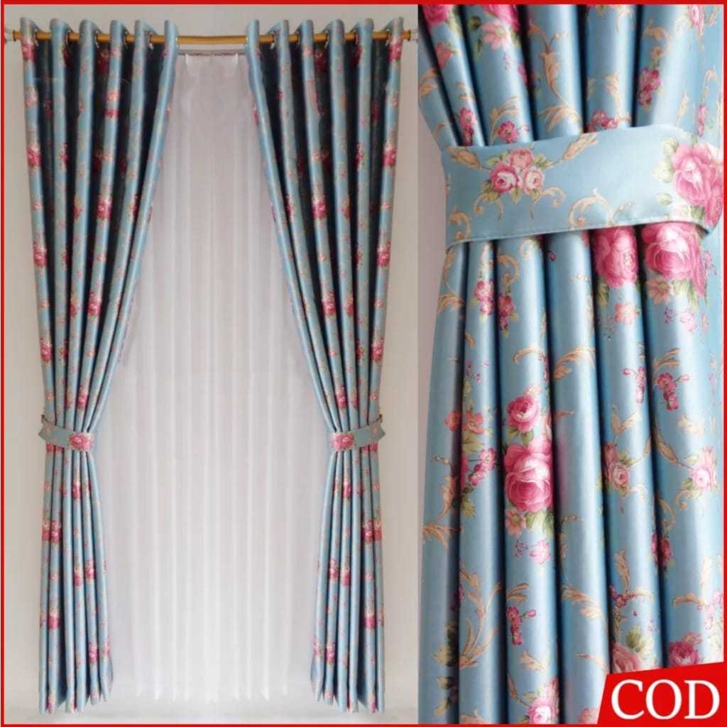Gorden blackout shabby flower pink biru hijau hordeng jendela korden pintu