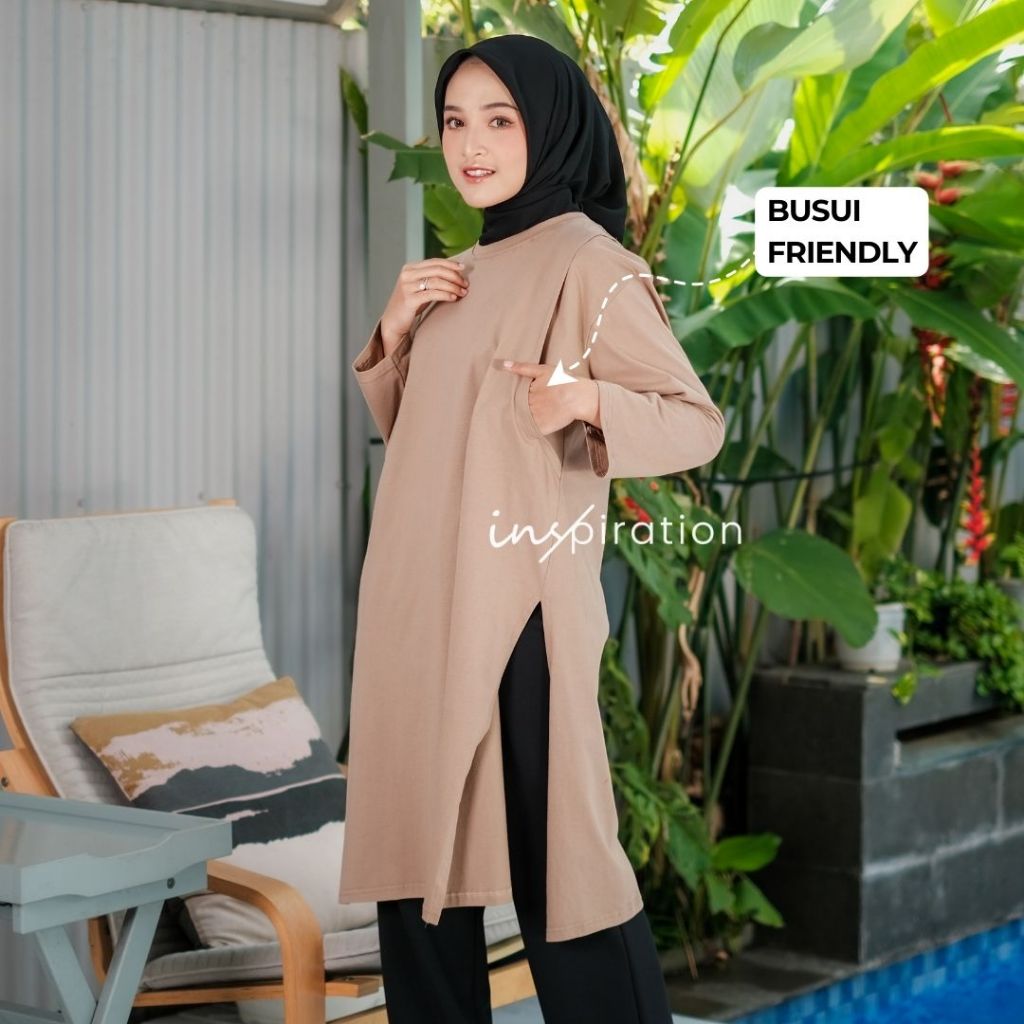 Tunik Atasan Wanita High Slit Bumil & Busui Friendly Tunic Polos Kaos Lengan Panjang Cotton Combed 2