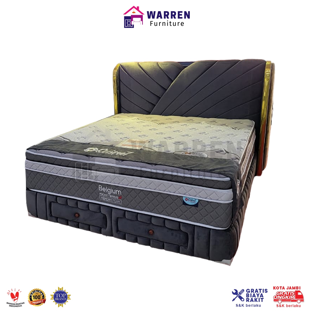 Satu Set Ranjang Elvi terdapat Senderan/Divan + Box yang Terdapat 2 Laci (Belum Termasuk SpringBed)