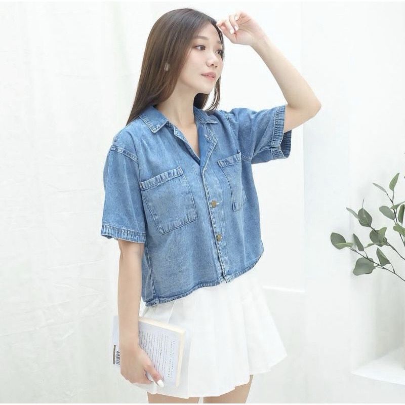 Kemeja Shirt Jeans Denim Wanita Atasan Wanita Lengan Pendek Kemeja Jeans Crop