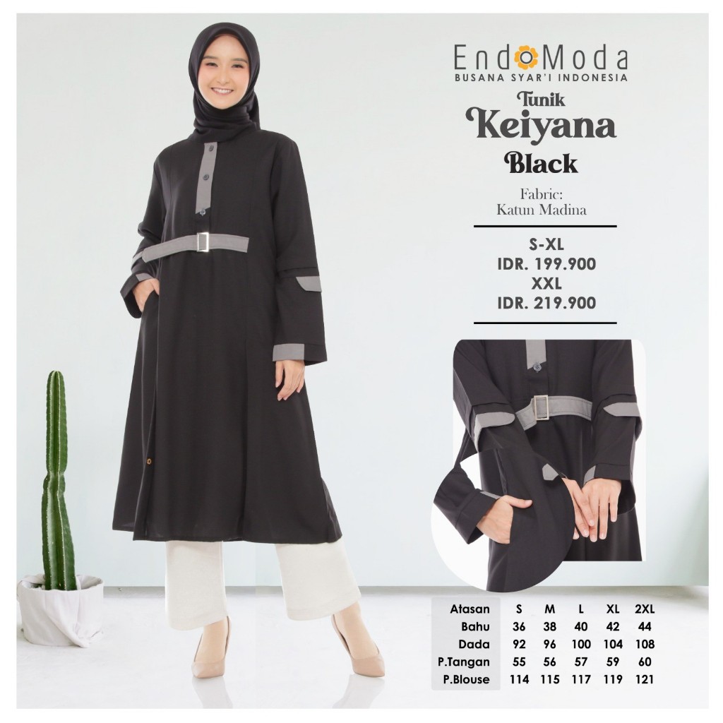 Endomoda-Tunik Keiyana Black-Blue-Cream Katun Madina Baju Atasan Wanita Dewasa Long Blouse Muslimah 