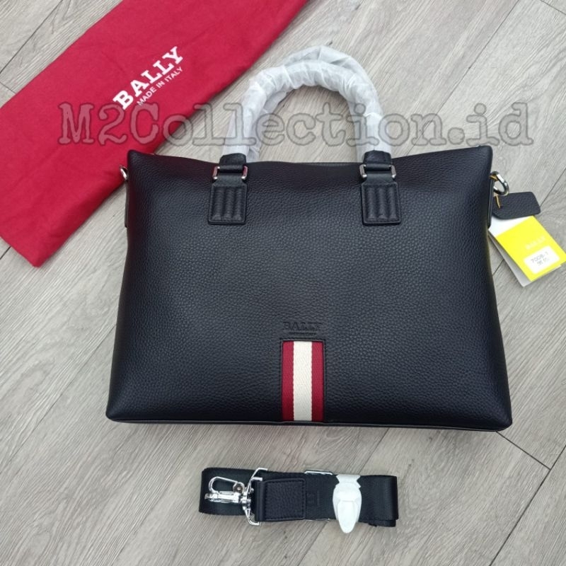 Tas Kantor Bally Leather Logo list merah putih tas kerja kulit import