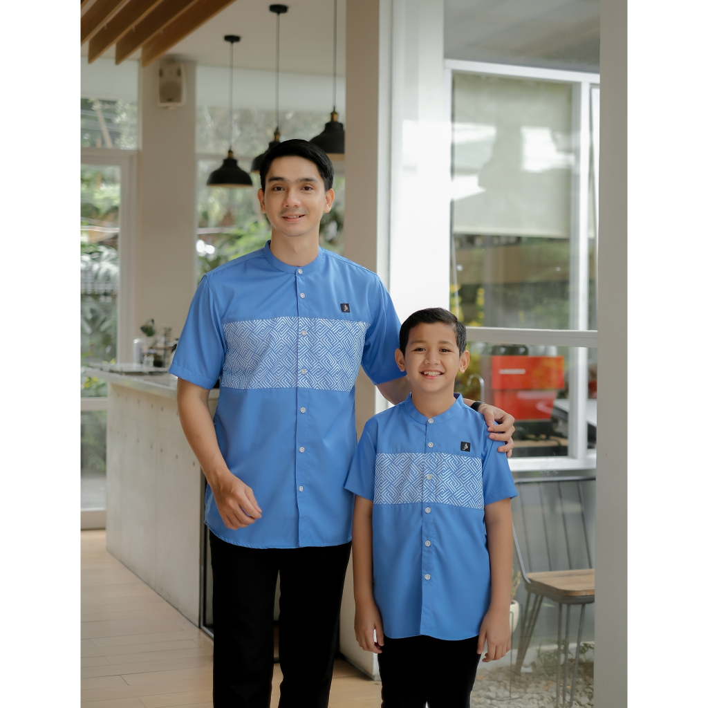 Kemeja Koko Couple Ayah Anak Mafaza Sublim Lengan Pendek Biru Denim Toyobo