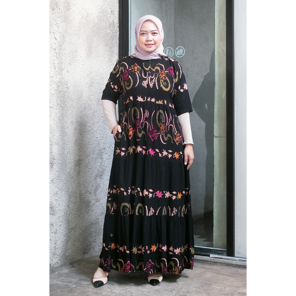 LONG DRESS MOTIF RAINBOW LEAF BAHAN RAYON TEBAL DENGAN SAKU / LONGDRESS / SEKDRESS / SEKDRESS SUSUN 