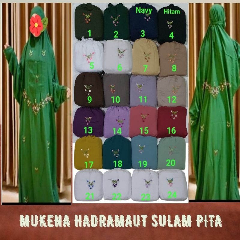 Mukena hadramaut terusan rukuh yaman jumbo sulam pita bunga depan belakang kain rayon adem