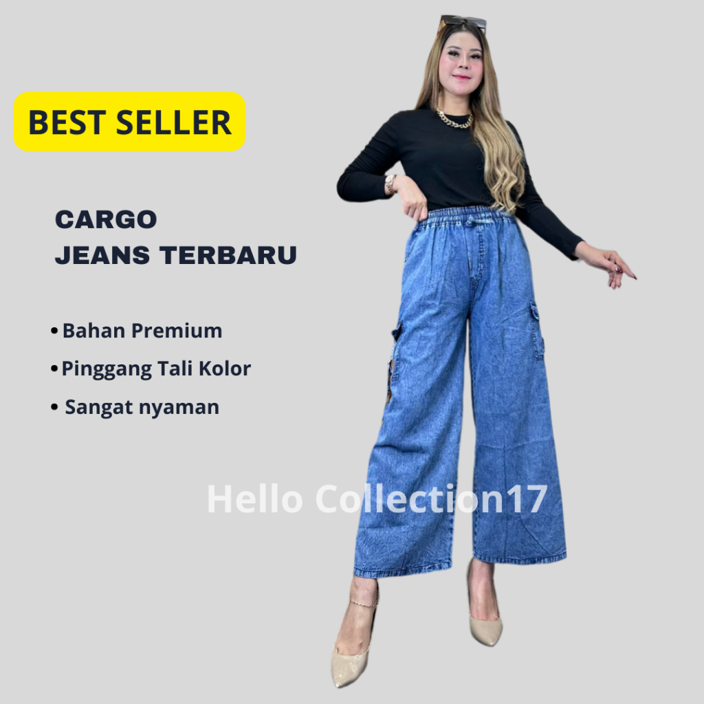 Celana Kulot Cargo Jeans Wanita Kekinian Size Jumbo Xl XXL BB 40-75 Bahan Premium Snow Blue Viral