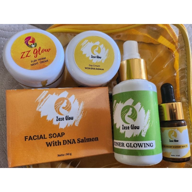 satu paket zeze glow cocok untuk wajah acne, bekas jerawat hitam, wajah sensitif, wajah berflek ccam