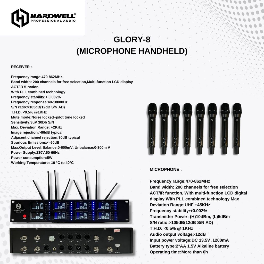 Mic Wireless 8 Channel Hardwell Glory 8 Original 8 Microphone Handheld