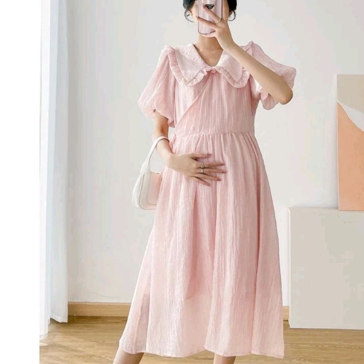 00523 Baju DRESS IBU HAMIL MAORA PINK MATERNITY DRES bumil daster nyaman Korea Korean style wanita p