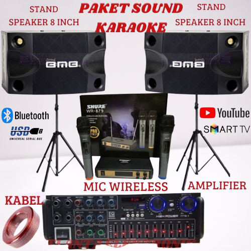 PAKET KARAOKE BMB 8 INCH COCOK BUAT RUMAHAN + MIC WIRELESS, + AMPLI FREE KABEL