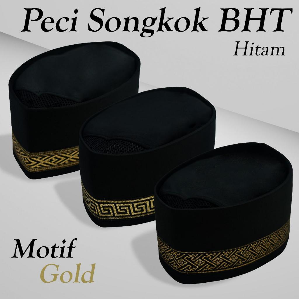 Peci Songkok Kopiah BHT Hitam List Gold Harga Terjangkau Bagus Aneka Motif