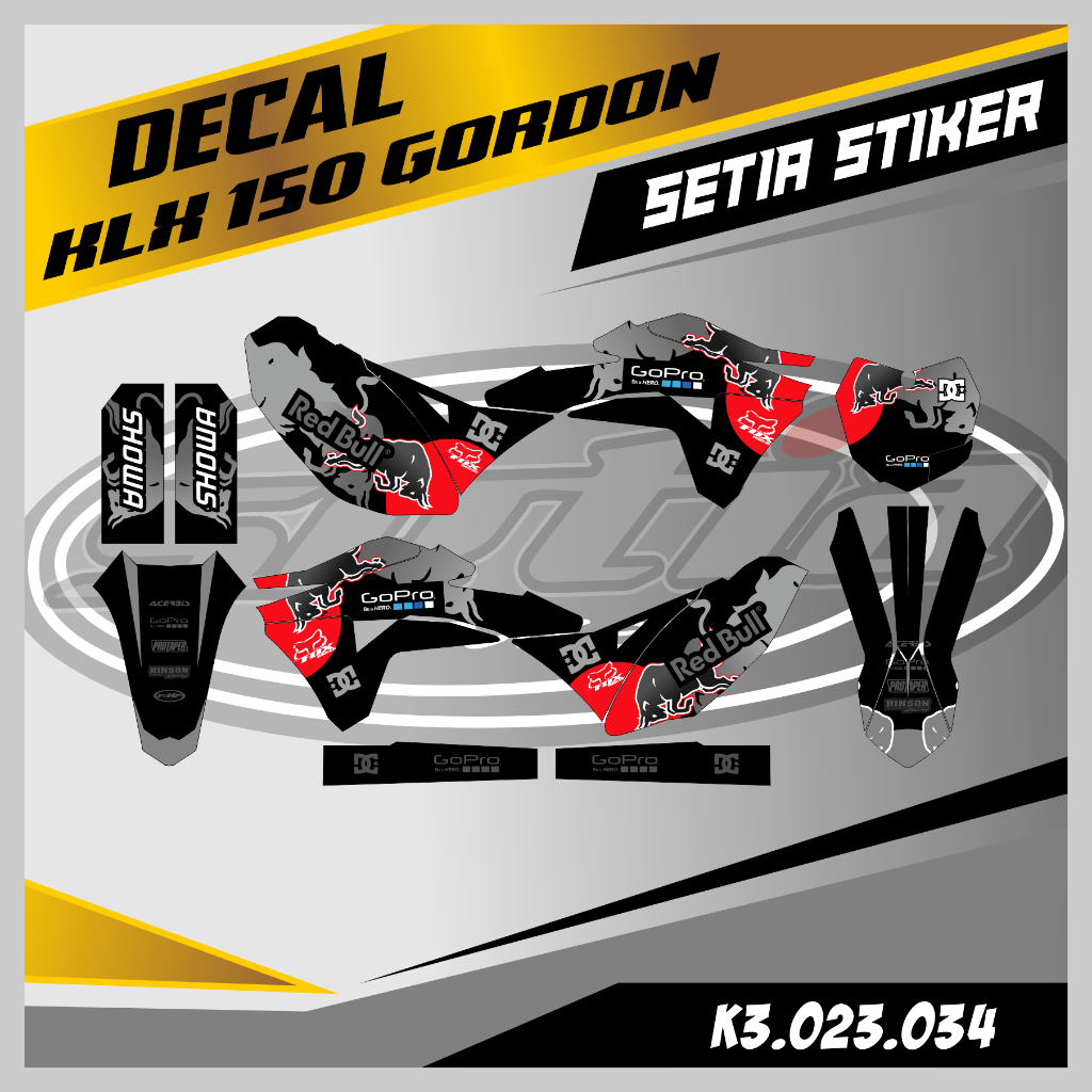 DECAL KLX GORDON, WARNA ABU-ABU MERAH REDBULL, STIKER SUPERMOTO TRAIL, DESAIN BEBAS CUSTOM BARU (K3.