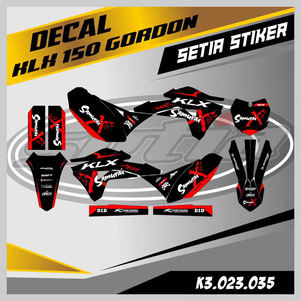 DECAL KLX GORDON, WARNA MERAH HITAM SAMURAI, STIKER SUPERMOTO TRAIL, DESAIN BEBAS CUSTOM BARU (K3.02