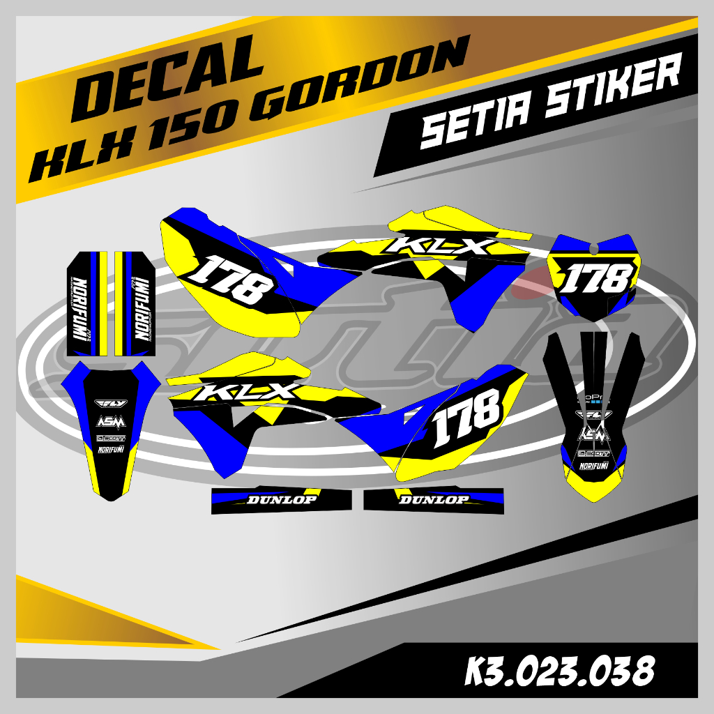 DECAL KLX GORDON, WARNA BIRU KUNING, STIKER SUPERMOTO TRAIL, DESAIN BEBAS CUSTOM BARU (K3.023.038)