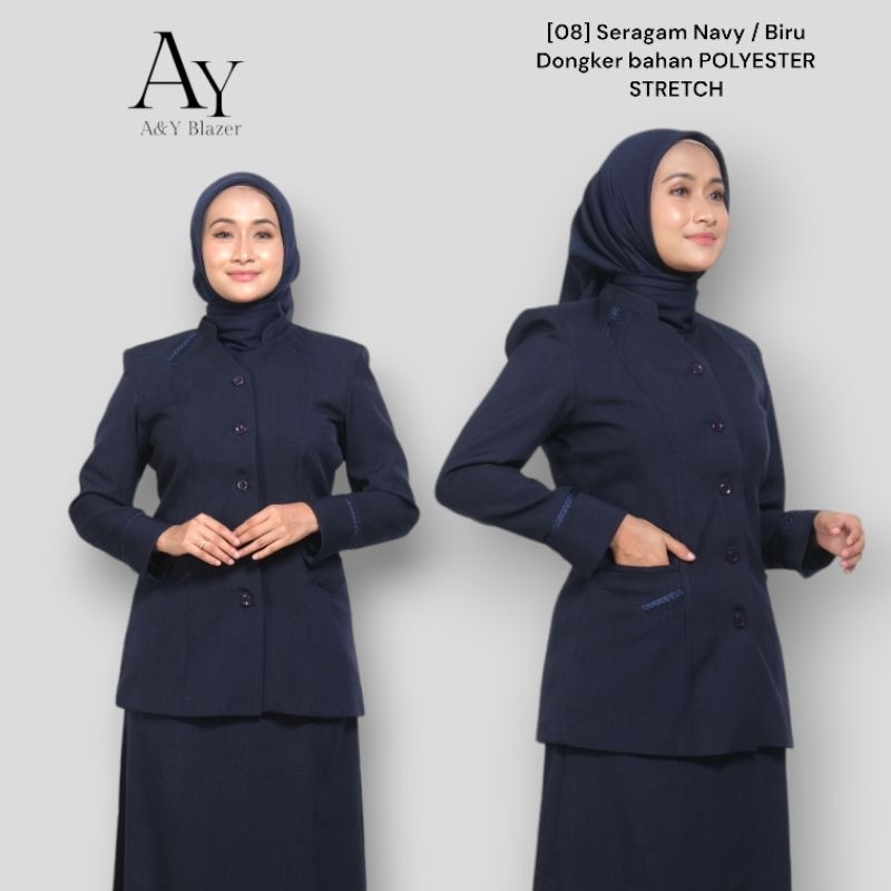 [08] A&Y Blazer Setelan Baju Seragam Blazer Wanita Warna Navy / Biru Dongker | BAHAN POLYESTER STRET