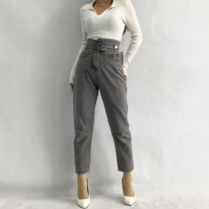 Celana Boyfrend Hw Jeans D46 Tali Pinggang 27-34 Abu