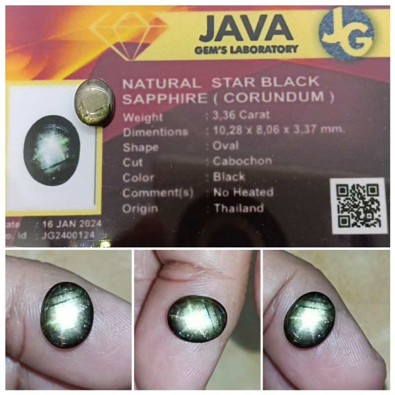 Natural Star Black Sapphire 3,3t Oval Safir Thailand memo JGL star tajam