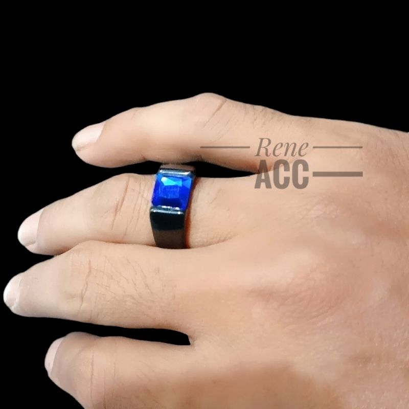 Cincin Titanium Hitam Black Batu Biru pria wanita