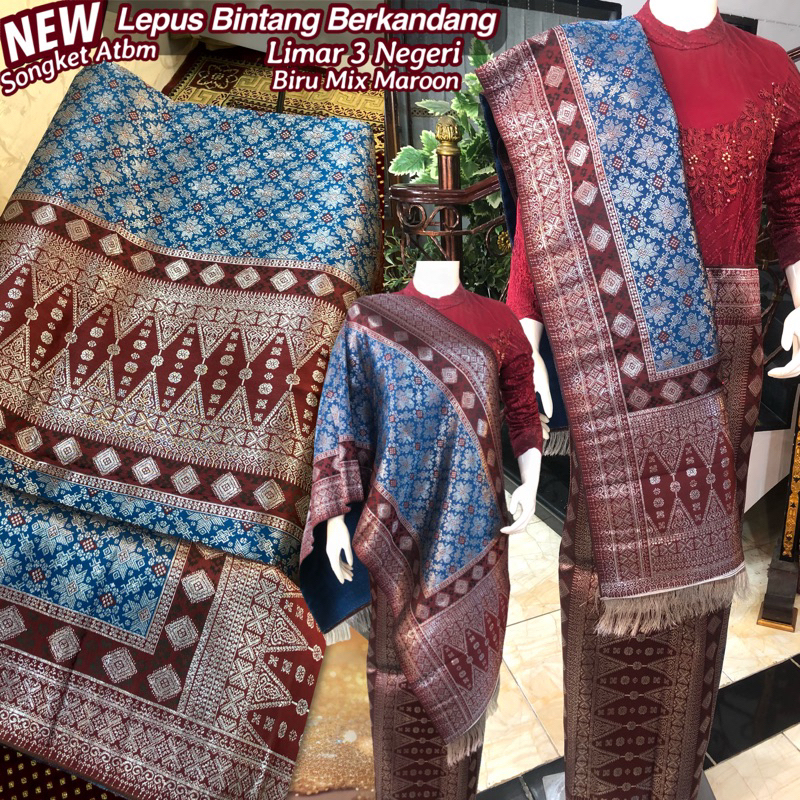 Songket Atbm Limar 3 Negeri Exclusive Biru Silver / Songket Tenun Mesin Palembang / Motif bintang Be