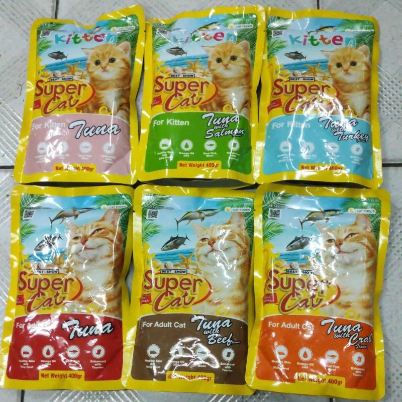 Supercat POUCH 400gr Kitten & Adult wet food. Makanan kucing basah sachet 400 gram