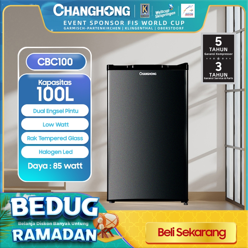 Changhong Kulkas 1 pintu (Refrigerator) Lemari Es Kapasitas 100 Liter – Black CBC 100 (Semi Auto-Defrost ) (Ajustable Door Bisa Di Buka Dari Kanan/Kiri) (Penyimpanan Besar) (Pintu Fleksibel) (Freezer Yang Terpisah) (Pembekuan Cepat)