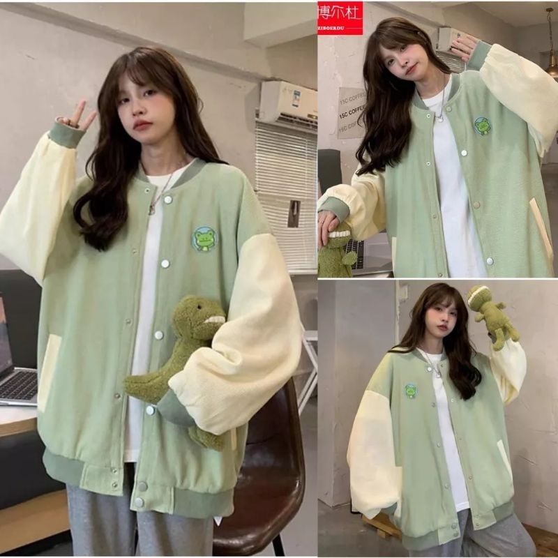 ( Free Kaos Kaki Lucu ) Jacket Baseball Over Size - Jacket Wanita - Jacket Murah