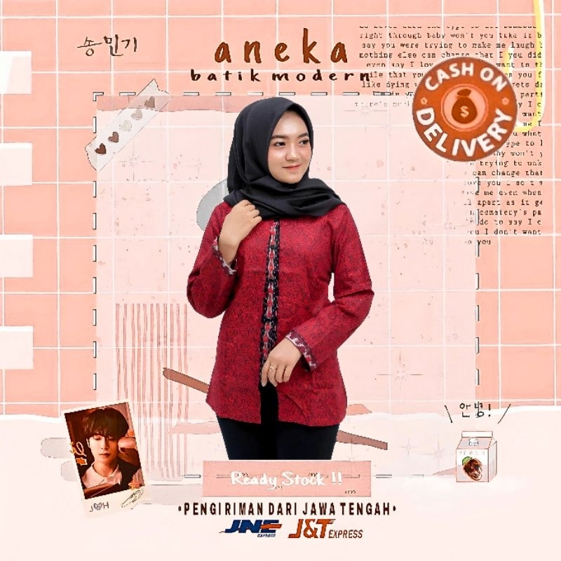 LIMITED EDITION EXCLUSIVE BLOUSE BLUS BATIK KERJA KANTOR ATASAN BAJU BATIK WANITA MERAH CERAH CABE M