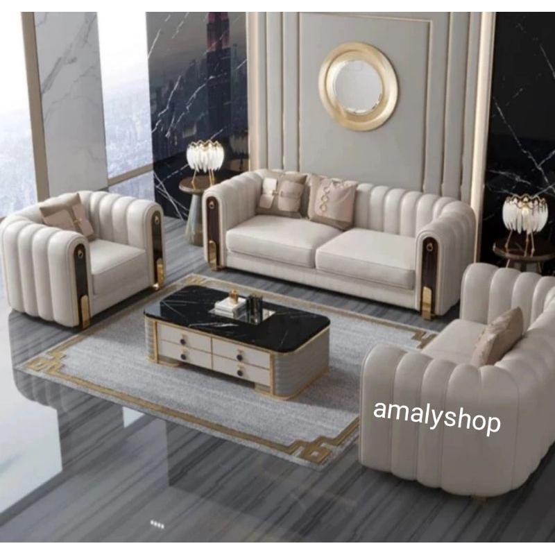 Sofa Kulit 321 Modern Sofa Minimalis Kursi Ruang Tamu Jati Premium Sofa Mewah Eropa