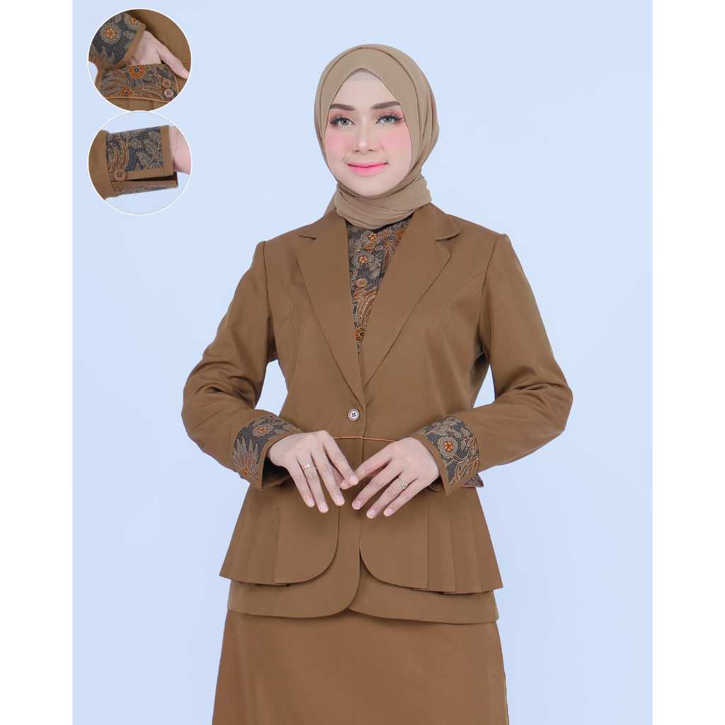 Seragam Kerja Dinas Wanita Pemda Rompi Rempel Kombinasi BATIK Khaki tua Setelan Rok Span/Rok.A/Celan