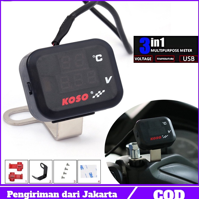 Terlaris siapVoltmeter Koso 3 in 1 USB Charger Universal Semua Motor Anti Air Original Jam Suhu Tega