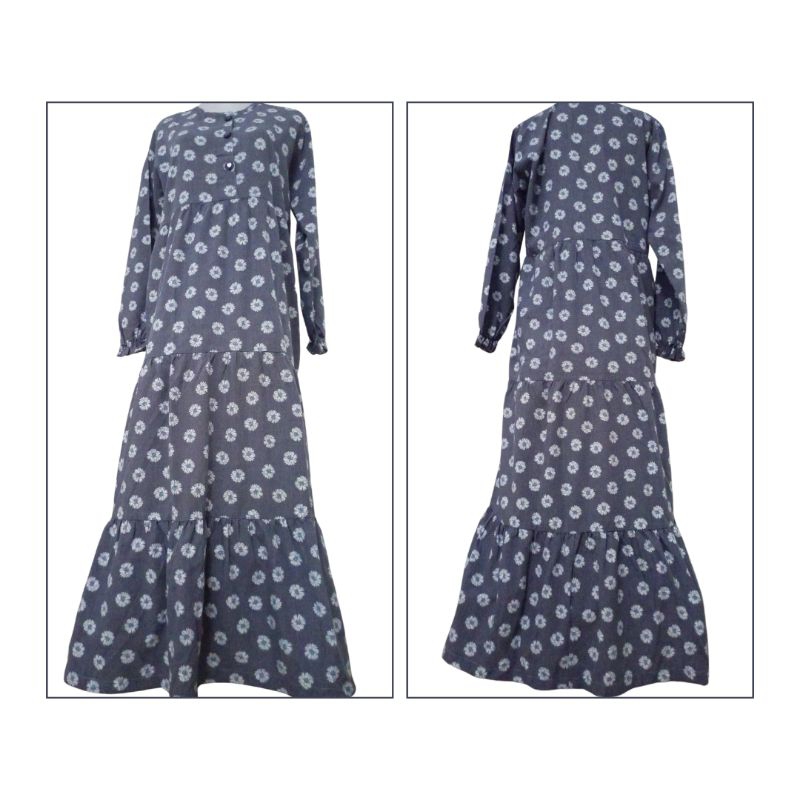 Gamis abu kebiruan motif bunga preloved