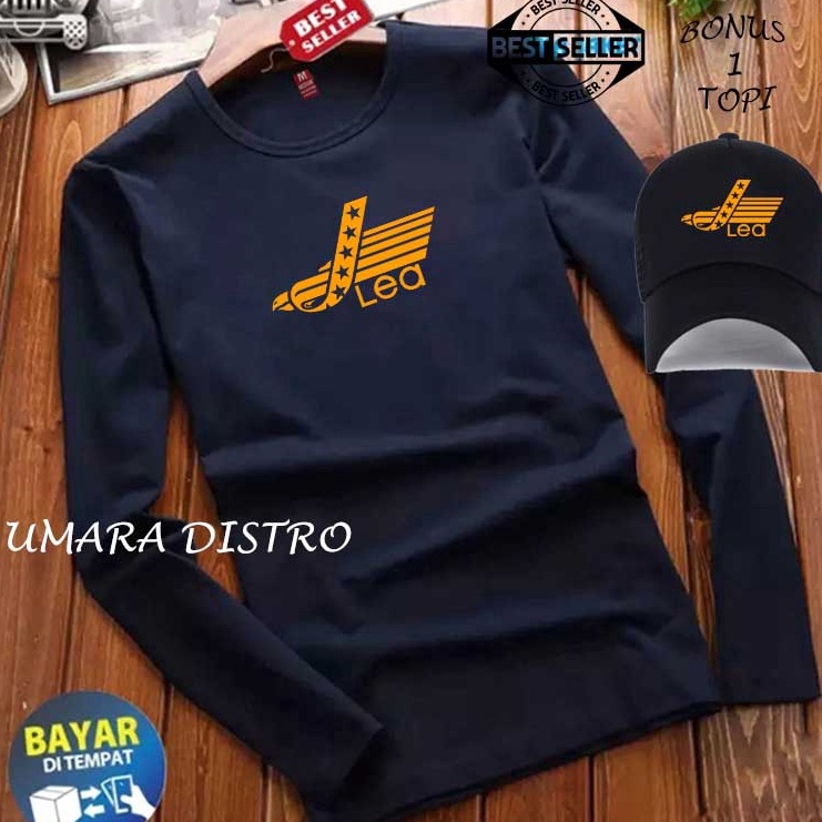 Big Sale FREEE TOPI Kaos Lengan Panjang LEA Text Gold Premium Baju Pria Wanita Premium