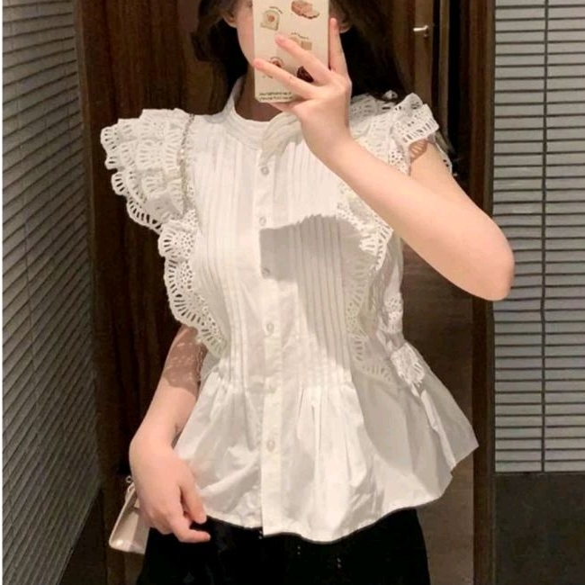 2227 Baju atasan BLOUSE JACQLENE LACE FRILL SLEEVE TOP PREMIUM Lengan pendek hijau putih Lace brokat