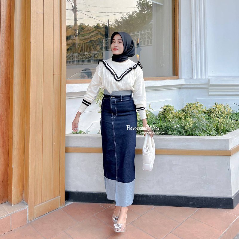 EUNOIA.CO | Rok Skrit Two Tone Jeans Highwaist Wanita Streach