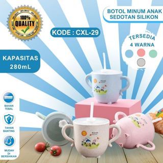GELAS MINUM ANAK BAHAN JERAMI BPA FREE PP FREE SEDOTAN SILIKON TUTUP