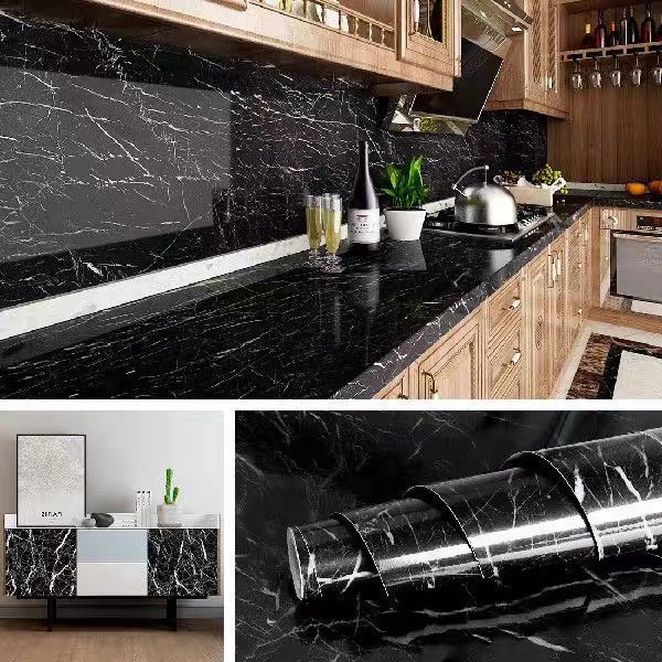 Wallpaper Dinding Motif Marmer Hitam Glossy