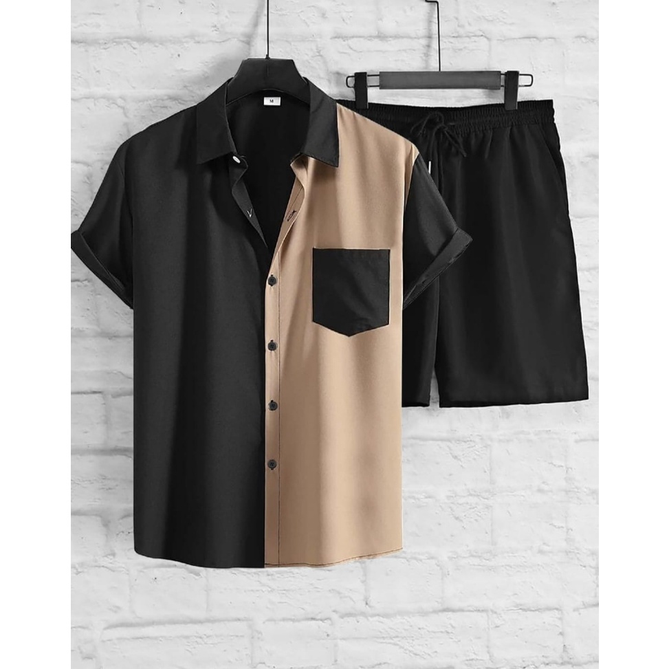 ART B94R Baju Setelan Kemeja Two Tone Pocket Satu Set Atasan Kemeja Dan Celana Pendek Pria