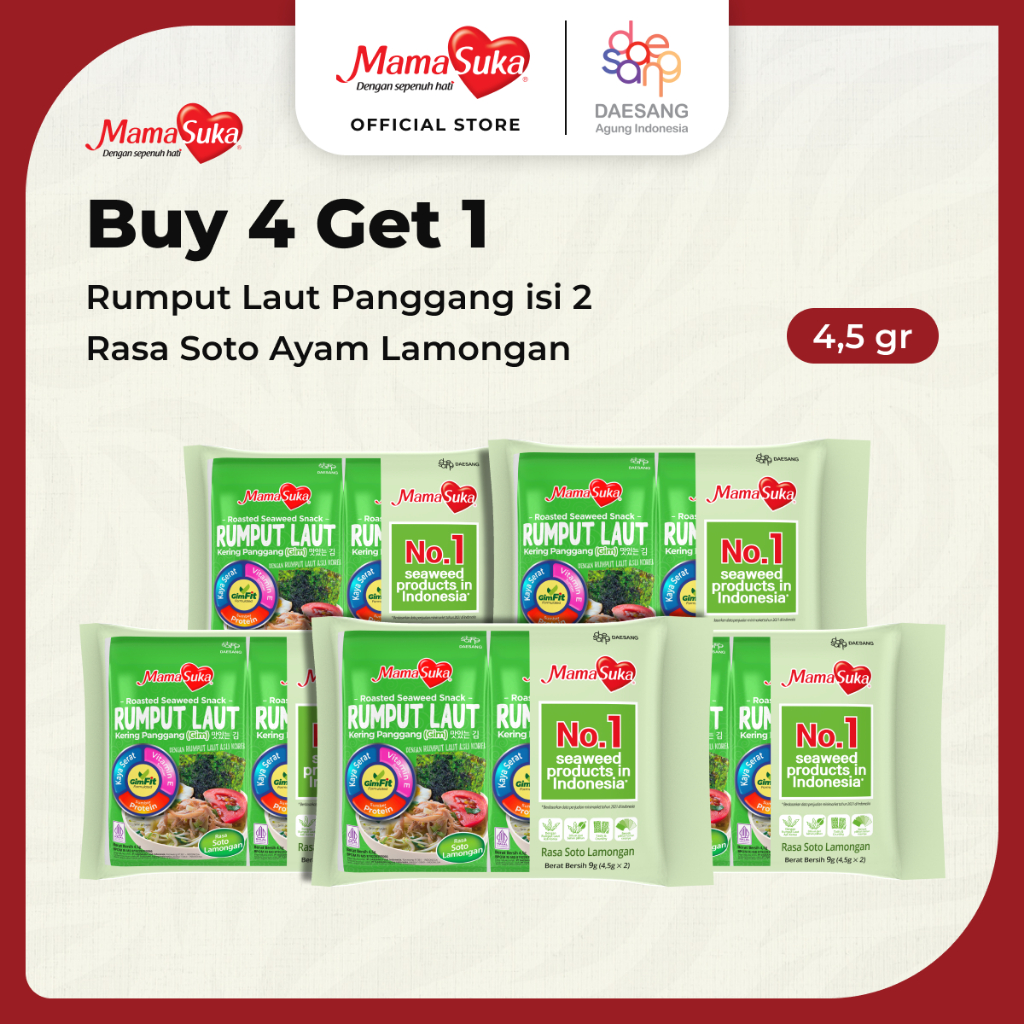 

Buy 4 Get 1 Mamasuka - Rumput Laut Rasa Soto Ayam Lamongan Isi 2 4,5 gr