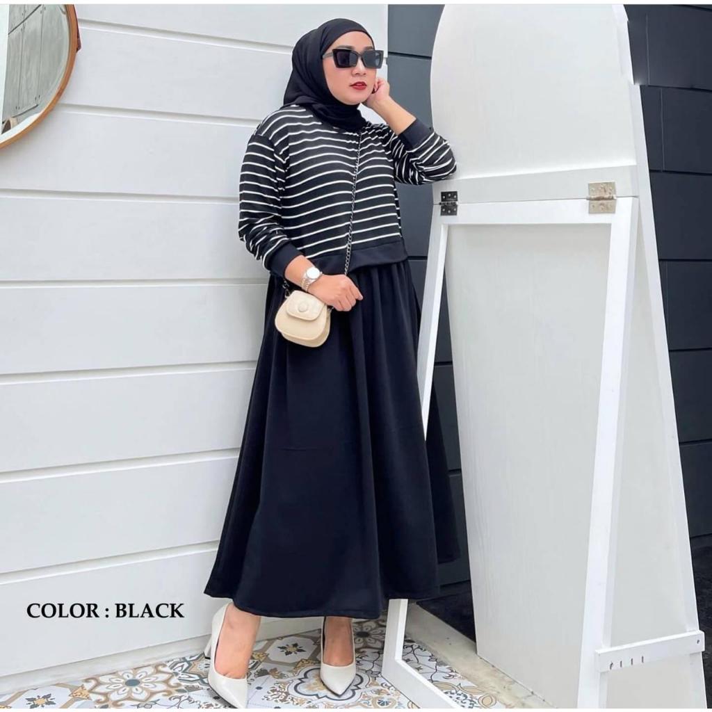 Dress Panjang Wanita Korean Style Fashion Muslim Gamis Perempuan Korea Terbaru Hitam Putih Garis-gar