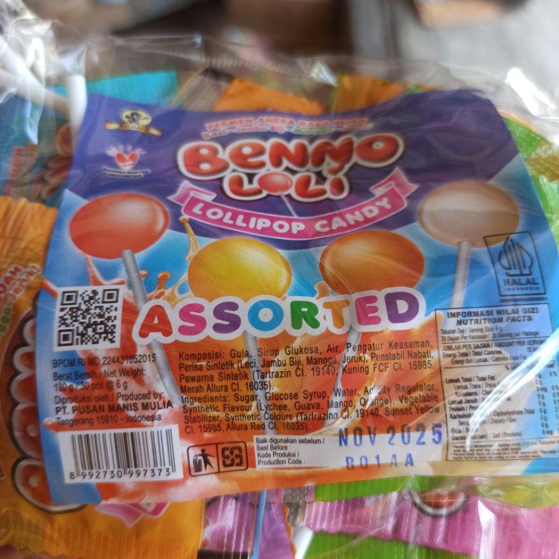 

Permen Benno Loli Lolipop Candy ASSORTED Buah Leci Jambu Mangga Jeruk
