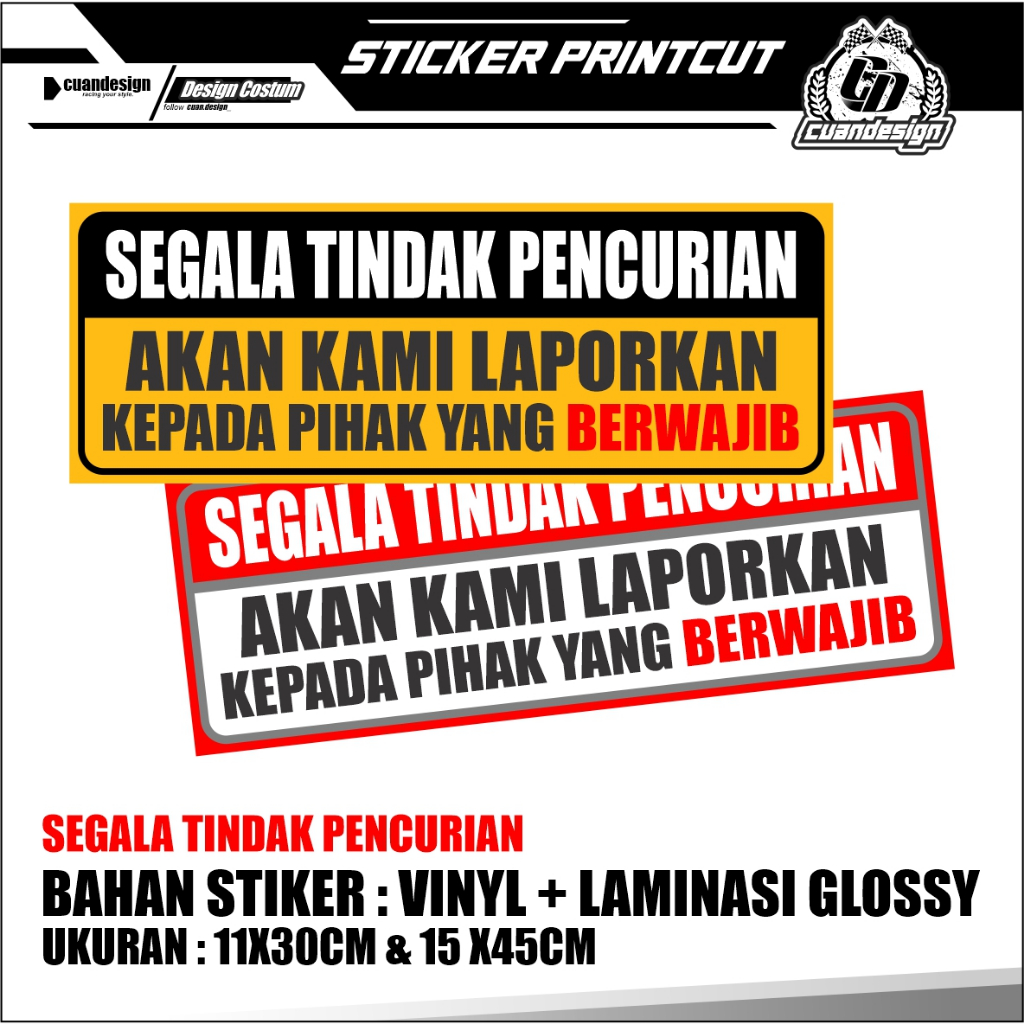 

STIKER TIDAK PENCURIAN + LAMINASI GLOSSY KUAT TAHAN AIR