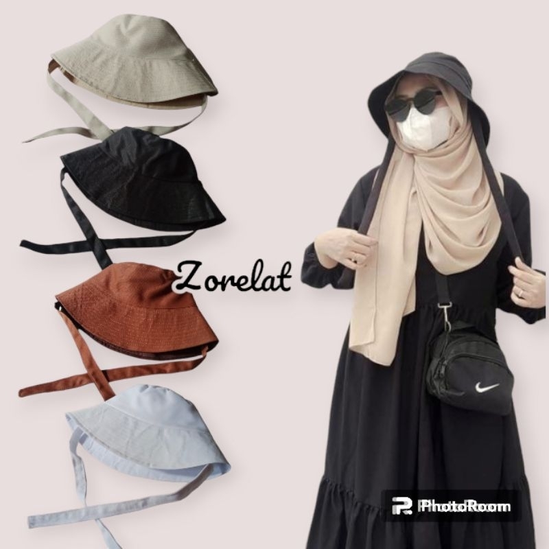 Wide Bucket Hats tali panjang topi pantai hijabers dewasa wanita