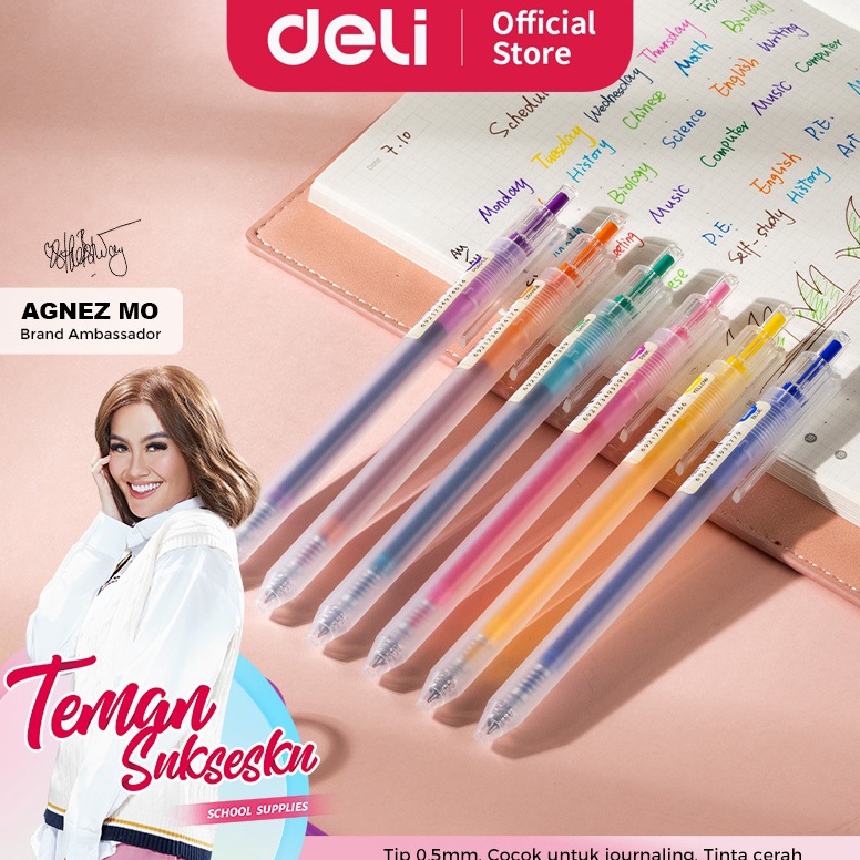 

TXV516 GROSIR Deli School Gel Pen Pulpen Gel 5 mm 6 Warna Retracable Gratis Sticker Lucu EG1186C