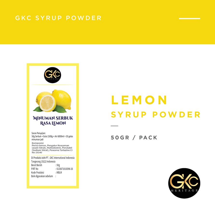 

Bubuk Sirup Lemon Powder Syrup Serbuk Minuman Powder Drink sudah HALAL GKC Heritage Konsentrat 5 gram