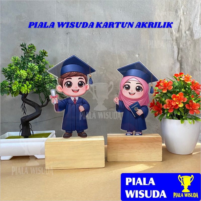 Piala Wisuda Akrilik Wisuda (Kartun) Tatakan Kayu Free Stiker Nama Piala Wisuda Almamater IPB Piala 